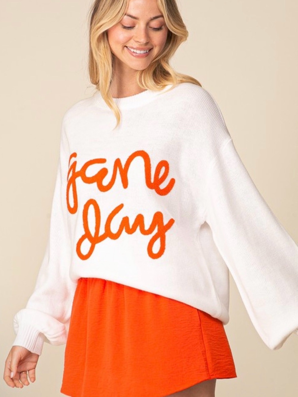 Timing White Crewneck Sweater with Bright Orange Script